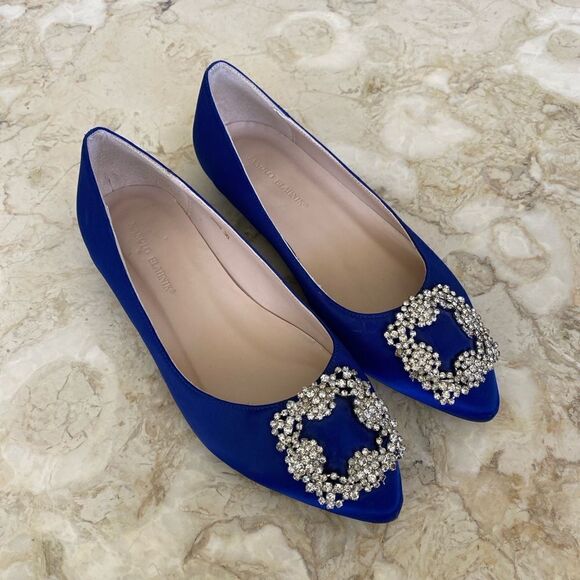 NEW! Royal Blue Satin & Crystal Buckle Embellishment Hangisi Ballet Flats - Picture 1 of 9